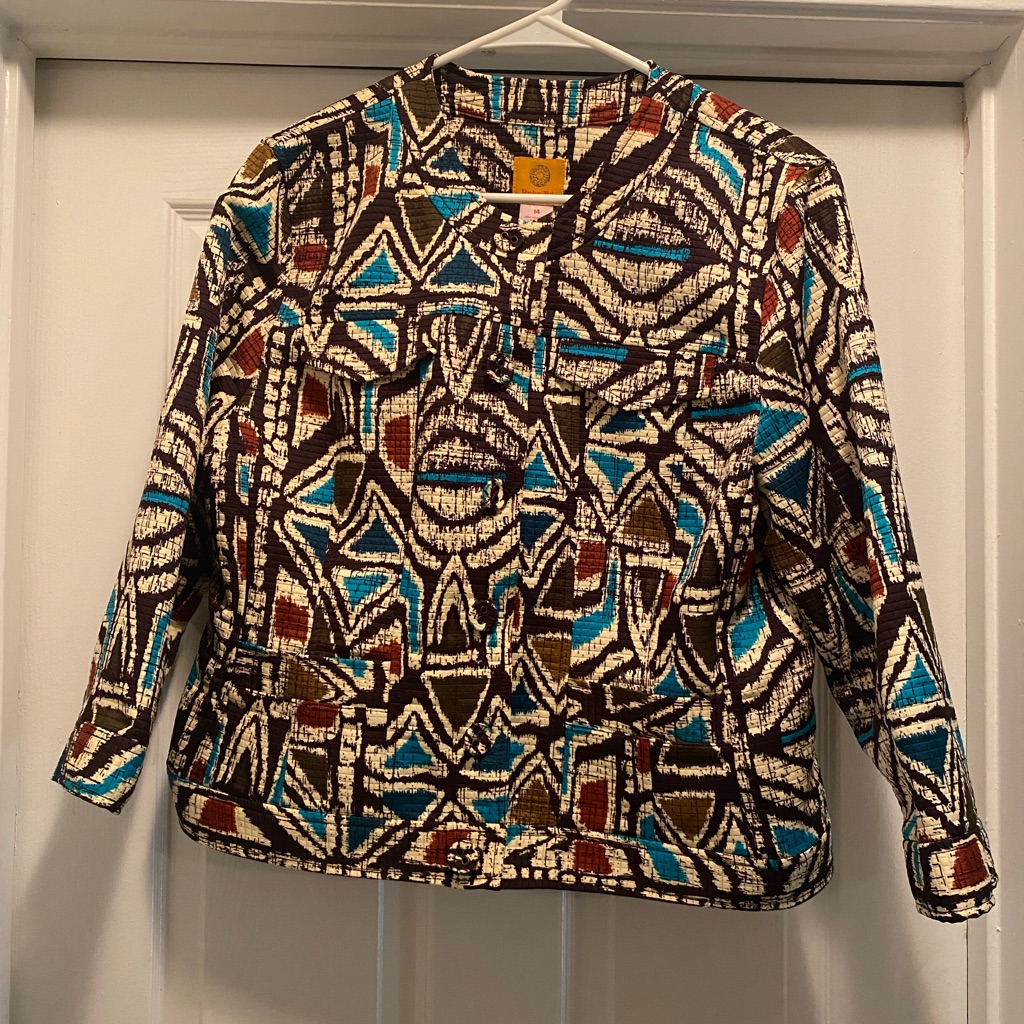 Ruby Rd. Women’s Patterned Button-Front Jacket. Brown, Teal & Cream. Pockets. 14